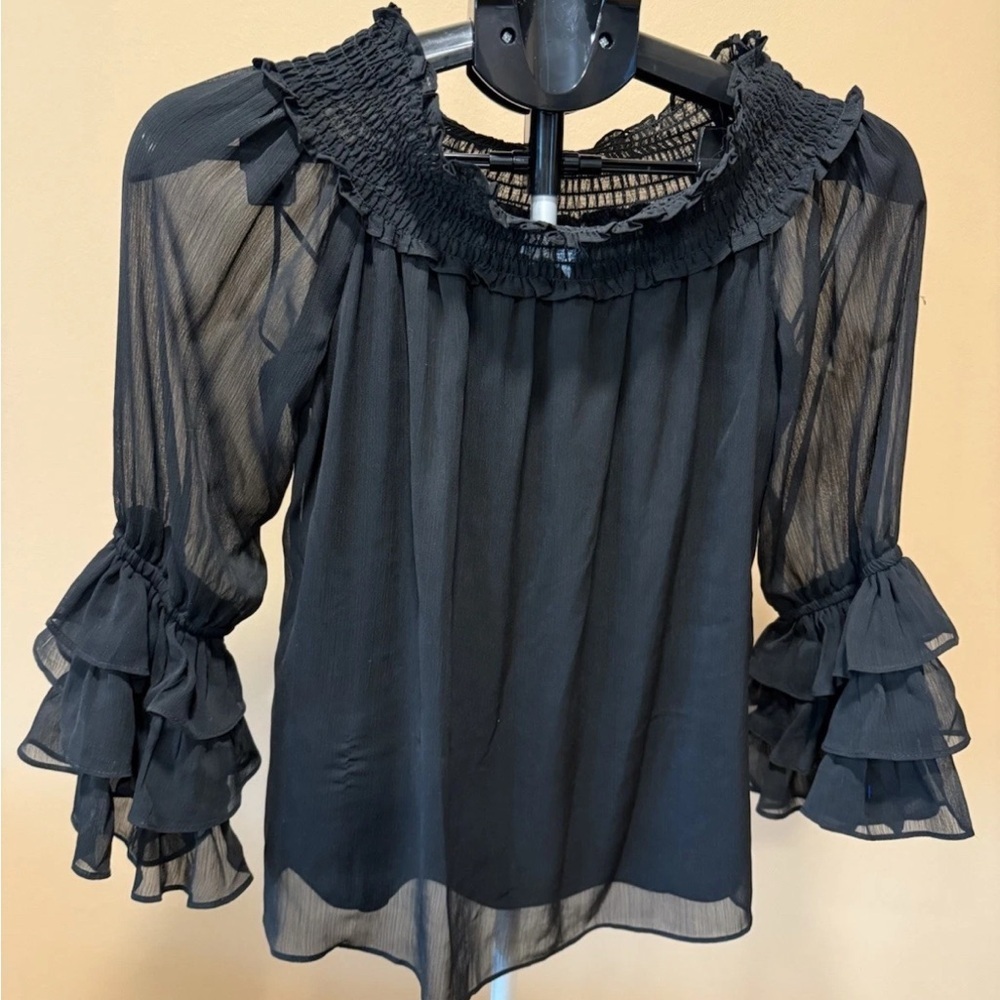CeCe Black Sheer Chiffon Ruffle Sleeve Smocked Blouse Women’s Small